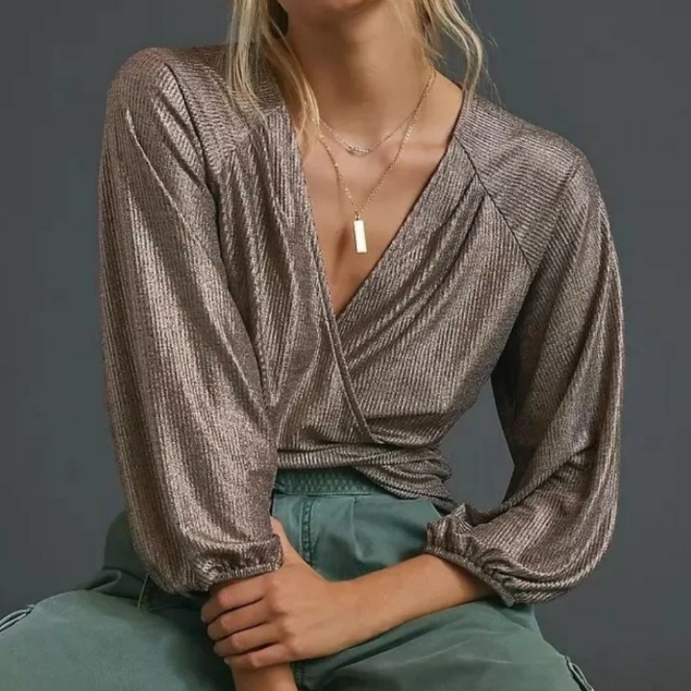 Anthropologie Luanne Shimmer Surplice 3/4 Sleeve Mock Wrap Blouse